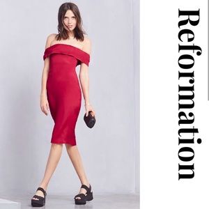 Reformation carrera off the shoulder red pink sheath midi dress with slit